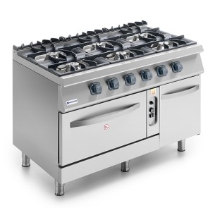 Cucina a gas su forno a gas statico GN 2/1 e vano chiuso, 6 fuochi