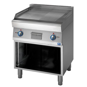 fry top elettrico su base aperta, piastra liscia 2/3 e rigata 1/3