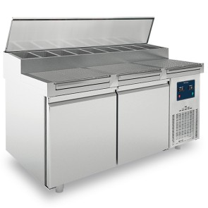 Tavolo di preparazione refrigerato 2 porte con piano grigliato e cassetti, 7x GN 1/3 + 1x GN 2/8