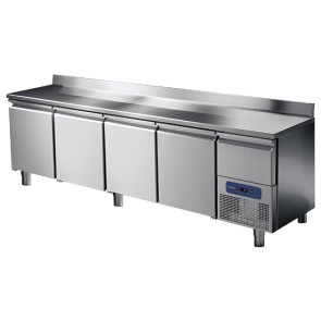 Tavolo refrigerato professionale 4 porte GN 1/1 con alzatina e cassetto refrigerato su vano motore, -2 °/+8 °C