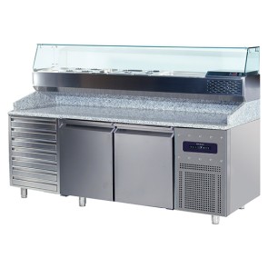 Banco pizza 2230 mm a 2 porte + 7 cassetti 40x60 cm e portabacinella 10x GN 1/3