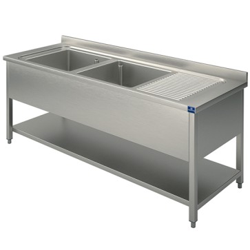 Lavello 2 vasche a sinistra con gocciolatoio, per cucine industriale 2000x700 mm